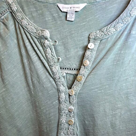 Lucky Brand Embroidered Henley Peasant Top Long Sleeve Split V-Neck Sz XL Green - Picture 10 of 14